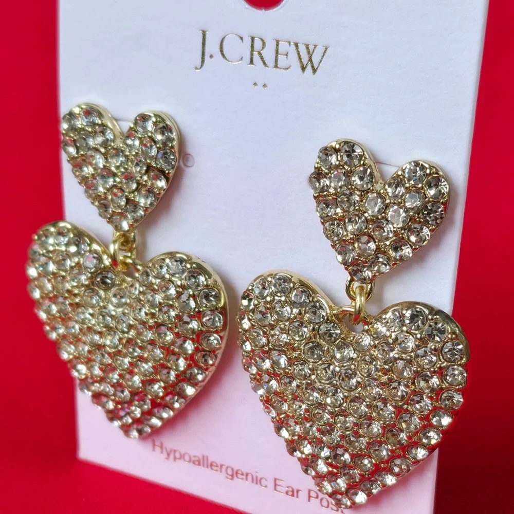 J.Crew Crystal Heart Drop Earrings Gold Tone Rhinestone Hypoallergenic NEW - Picture 4 of 9